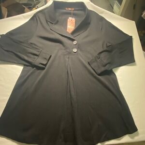 Gaharu Black Long Sleeve Tunic Top XXL Notched Collar A-Line Pleated Front NWT